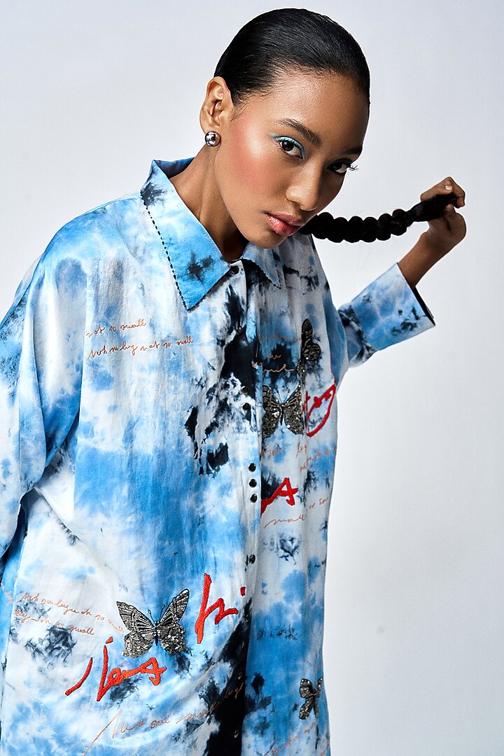 Blue Tie-Dye Satin Silk Oversized Shirt Vacation Dress by Shahin Mannan at Pernia's Pop Up Shop