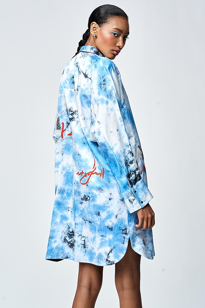 Blue Tie-Dye Satin Silk Oversized Shirt Vacation Dress by Shahin Mannan at Pernia's Pop Up Shop