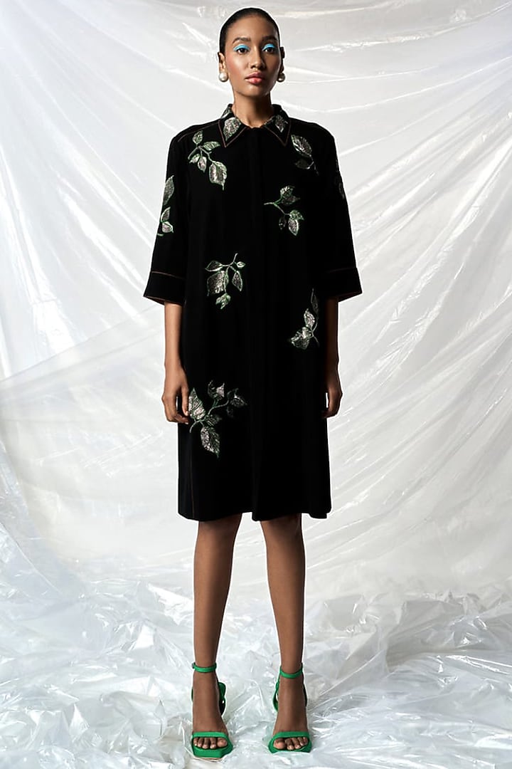 Black Japanese Crepe Flared Cocktail Dress by Shahin Mannan at Pernia's Pop Up Shop
