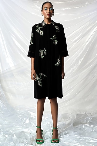Black Japanese Crepe Flared Dress by Shahin Mannan