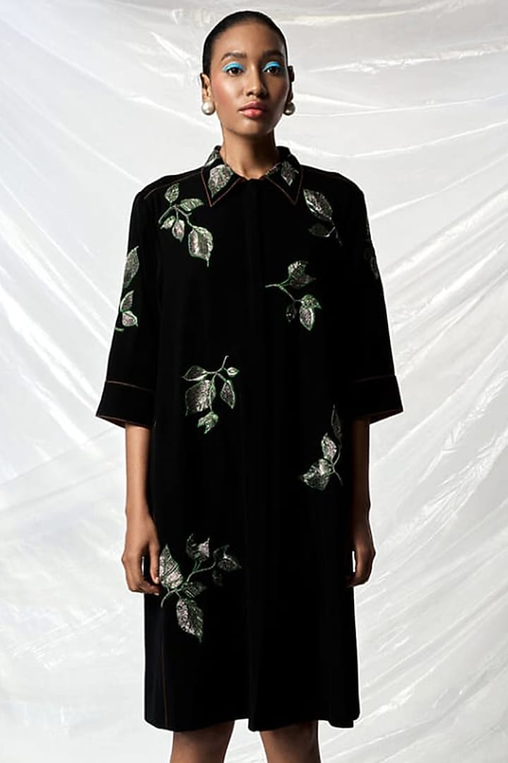 Black Japanese Crepe Flared Cocktail Dress by Shahin Mannan at Pernia's Pop Up Shop