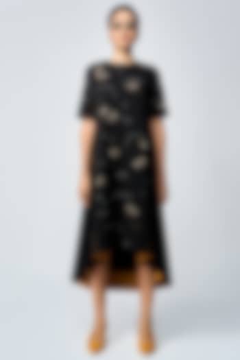 Black Double Crepe Embellished High-Low Midi Cocktail Dress by Shahin Mannan at Pernia's Pop Up Shop