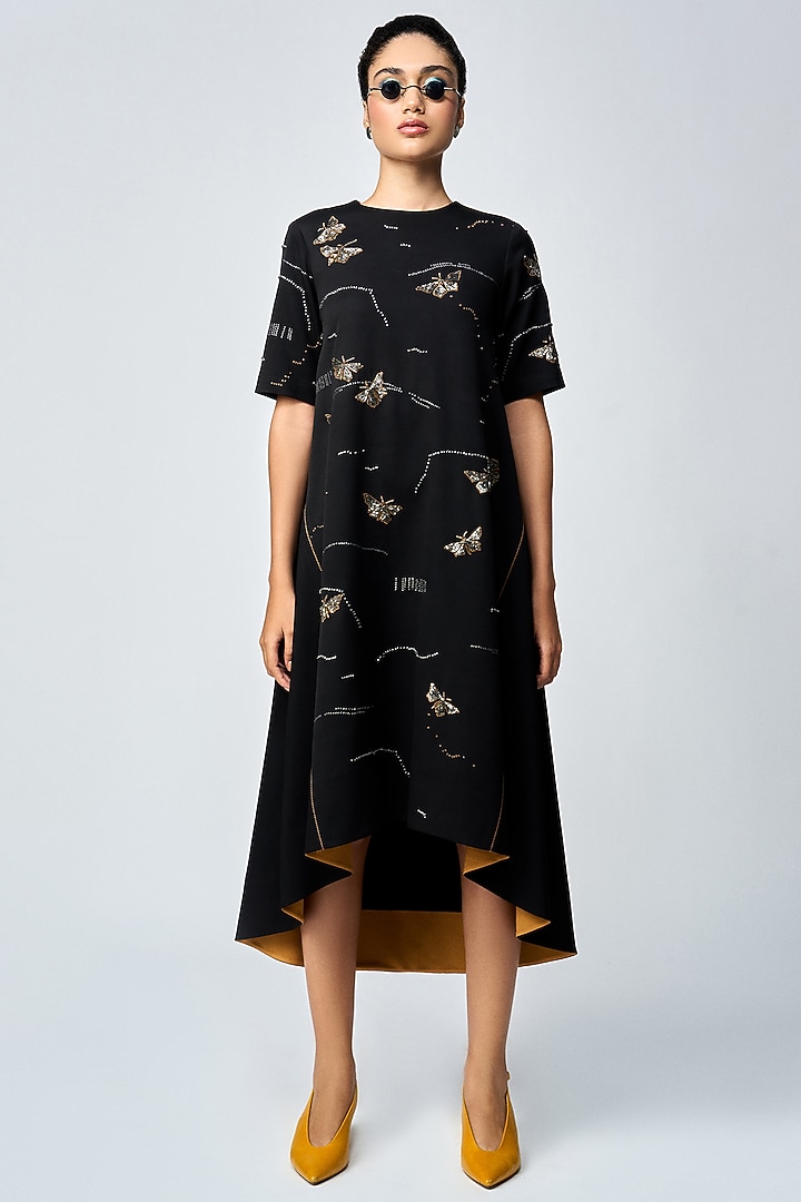 Black Double Crepe Embellished High-Low Midi Cocktail Dress by Shahin Mannan at Pernia's Pop Up Shop