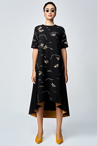 Black Double Crepe Embellished High-Low Midi Dress by Shahin Mannan