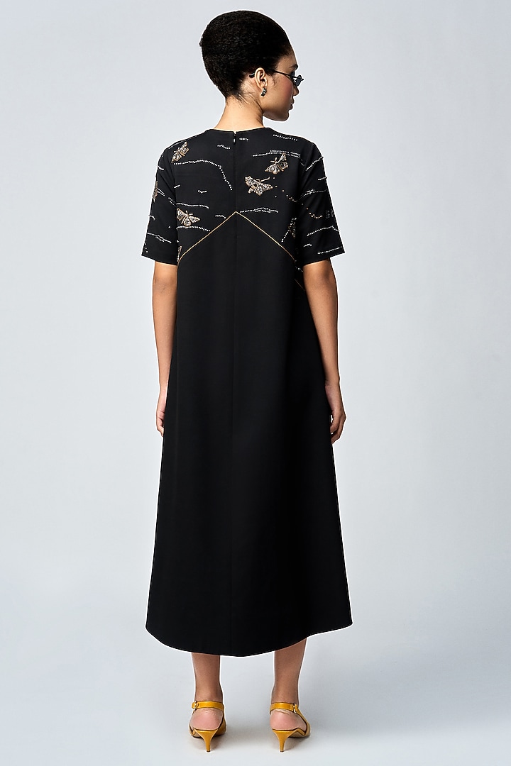 Black Double Crepe Embellished High-Low Midi Cocktail Dress by Shahin Mannan at Pernia's Pop Up Shop