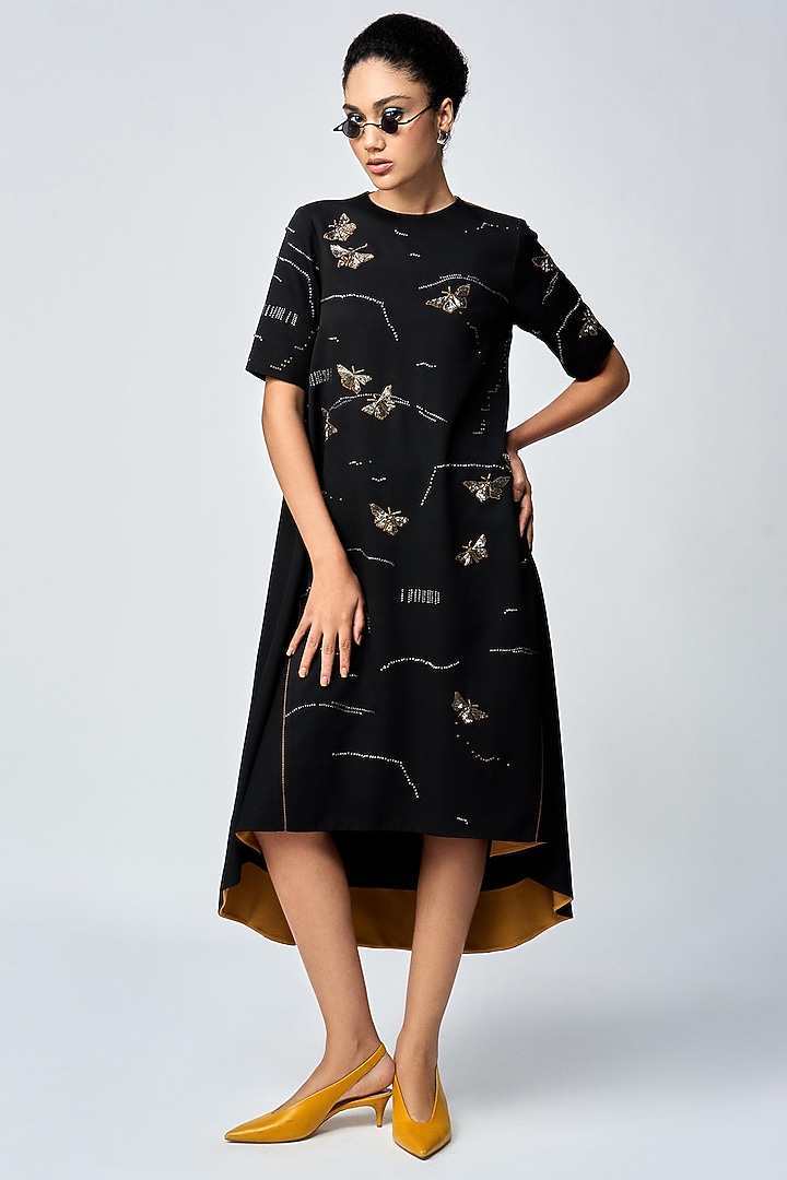 Black Double Crepe Embellished High-Low Midi Cocktail Dress by Shahin Mannan at Pernia's Pop Up Shop