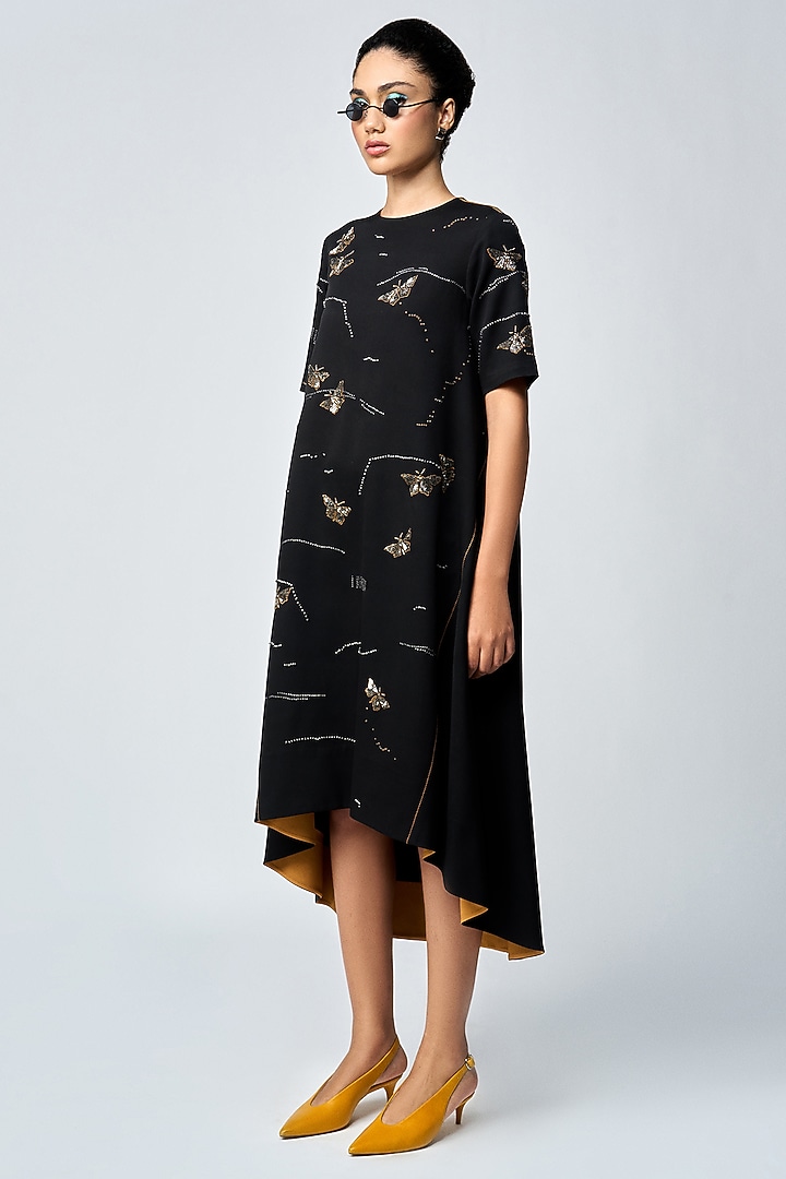 Black Double Crepe Embellished High-Low Midi Cocktail Dress by Shahin Mannan at Pernia's Pop Up Shop