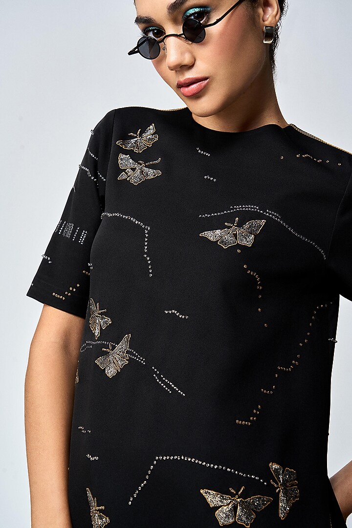 Black Double Crepe Embellished High-Low Midi Cocktail Dress by Shahin Mannan at Pernia's Pop Up Shop