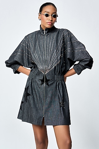 Black Denim Jacket Dress by Shahin Mannan