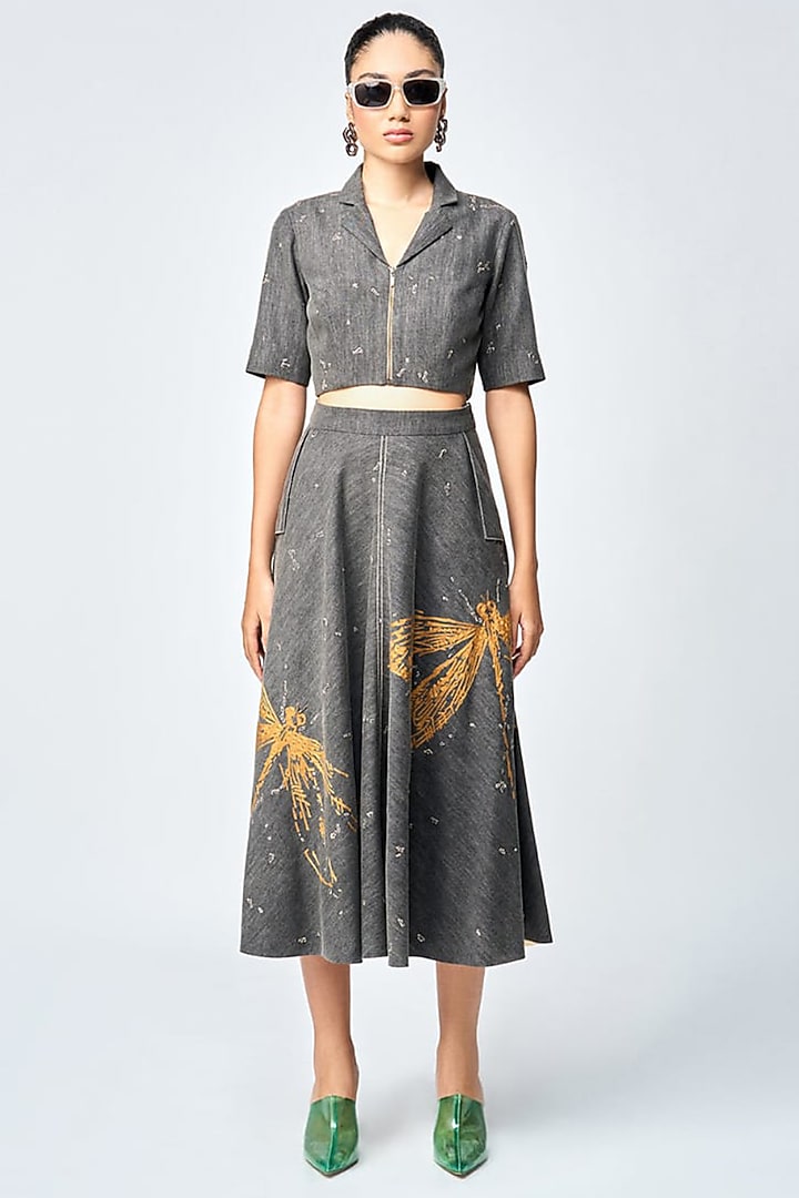 Lead Grey Denim Circular Skirt Set by Shahin Mannan at Pernia's Pop Up Shop
