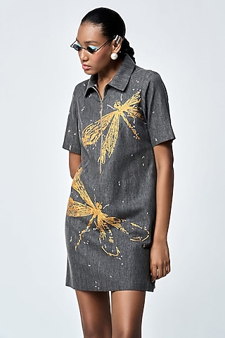 Grey Denim Mini Shirt Dress by Shahin Mannan
