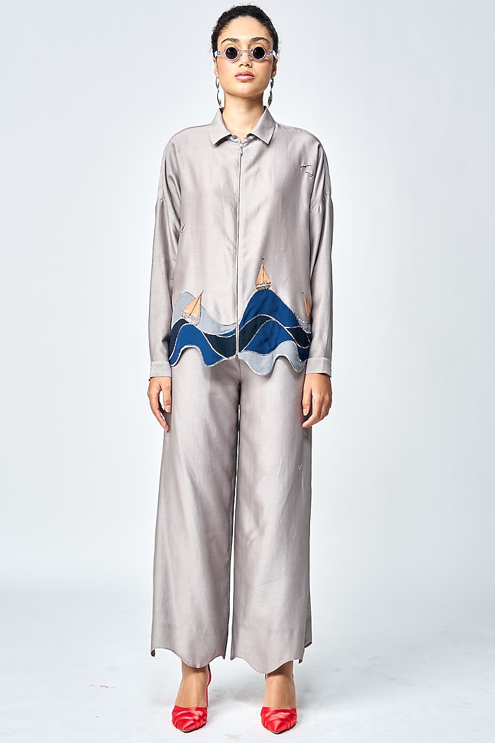 Grey Silk Chanderi Co-Ord Set by Shahin Mannan at Pernia's Pop Up Shop