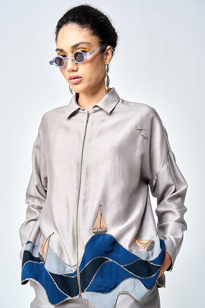 Grey Silk Chanderi Co-Ord Set by Shahin Mannan at Pernia's Pop Up Shop