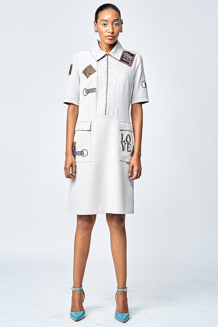 Light Grey Double Crepe Paneled Shift Vacation Dress by Shahin Mannan at Pernia's Pop Up Shop