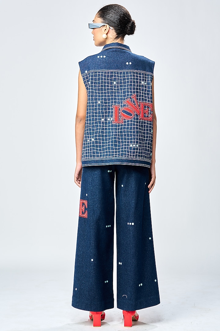 Deep Blue Denim Checkered Co-Ord Set by Shahin Mannan at Pernia's Pop Up Shop