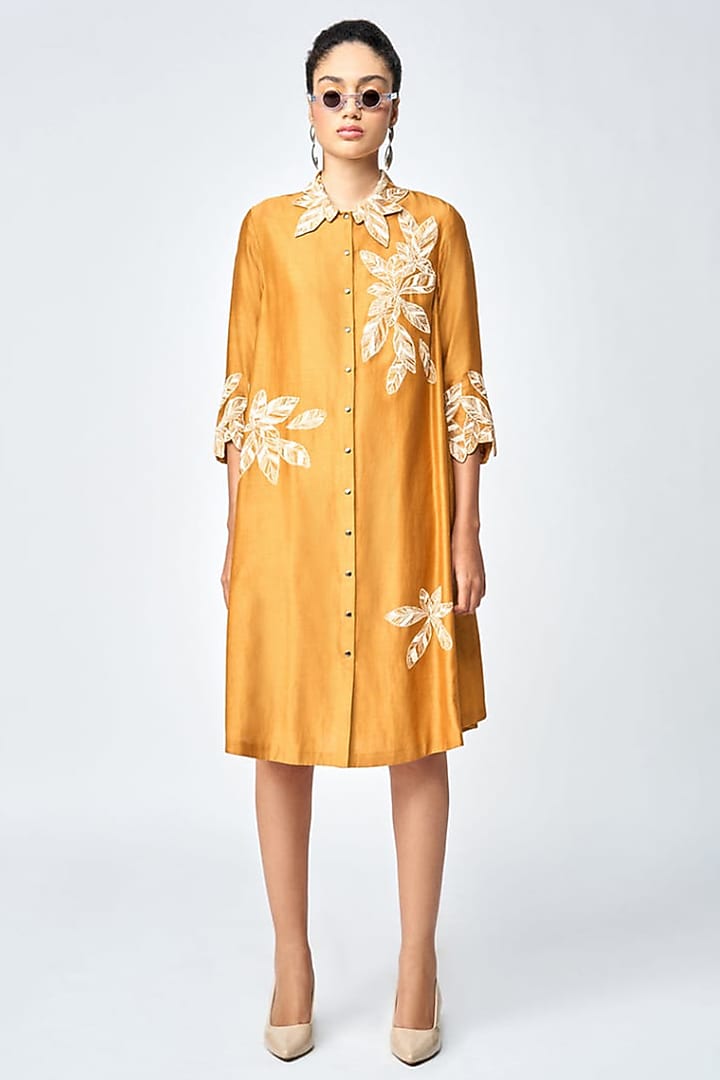 Gold Silk Chanderi Shirt Vacation Dress by Shahin Mannan at Pernia's Pop Up Shop