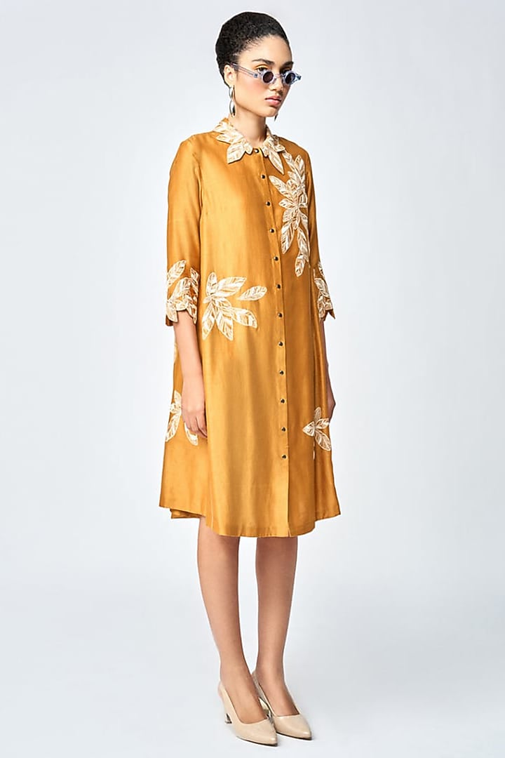 Gold Silk Chanderi Shirt Vacation Dress by Shahin Mannan at Pernia's Pop Up Shop