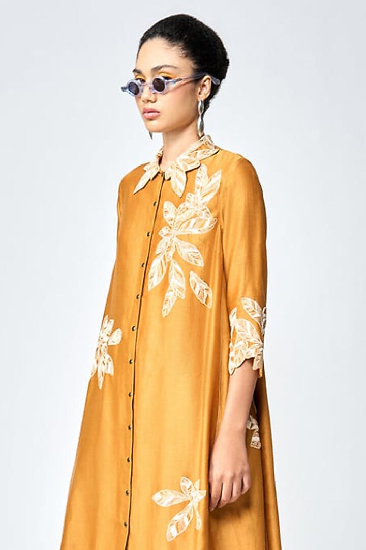 Gold Silk Chanderi Shirt Vacation Dress by Shahin Mannan at Pernia's Pop Up Shop