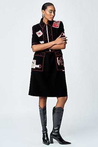 Black Japanese Crepe Paneled Shift Dress by Shahin Mannan