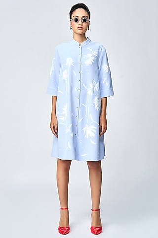 Blue Double Crepe Flared Dress by Shahin Mannan
