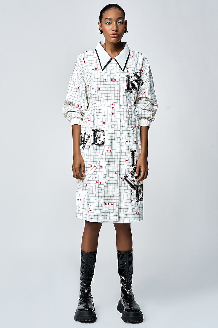 White Gabardine Checkered Cocktail Dress by Shahin Mannan at Pernia's Pop Up Shop