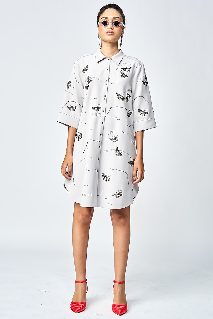Light Grey Double Crepe Embellished A-Line Shirt Cocktail Dress by Shahin Mannan at Pernia's Pop Up Shop