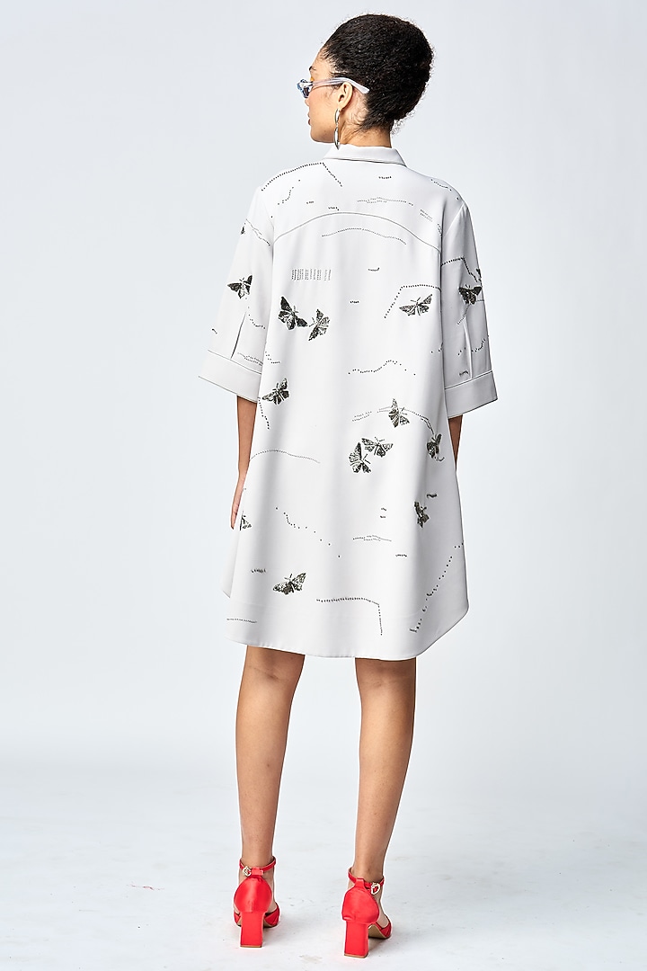 Light Grey Double Crepe Embellished A-Line Shirt Cocktail Dress by Shahin Mannan at Pernia's Pop Up Shop