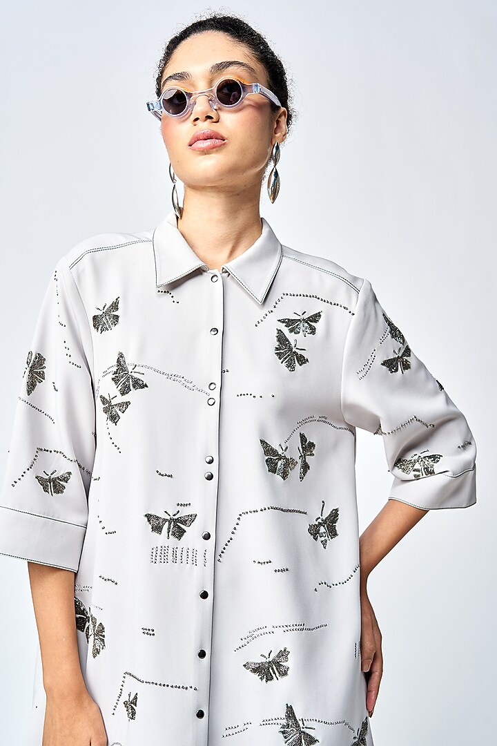 Light Grey Double Crepe Embellished A-Line Shirt Cocktail Dress by Shahin Mannan at Pernia's Pop Up Shop