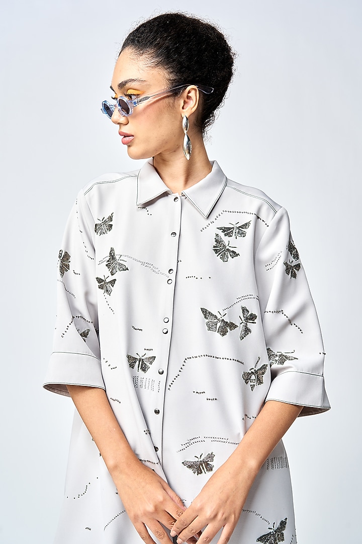 Light Grey Double Crepe Embellished A-Line Shirt Cocktail Dress by Shahin Mannan at Pernia's Pop Up Shop