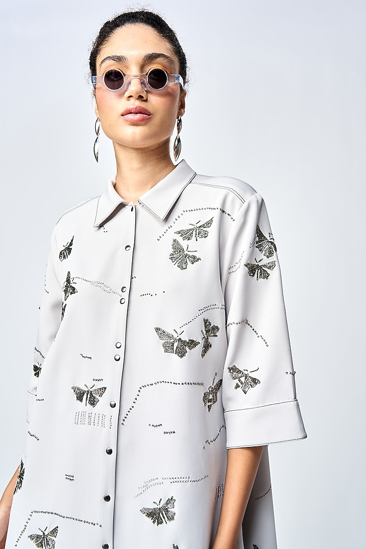 Light Grey Double Crepe Embellished A-Line Shirt Cocktail Dress by Shahin Mannan at Pernia's Pop Up Shop