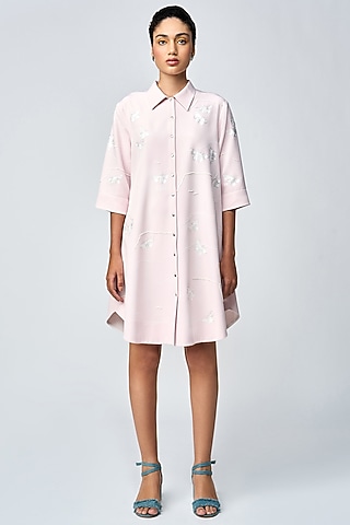 Peach Double Crepe Embellished  A-Line Shirt Dress by Shahin Mannan