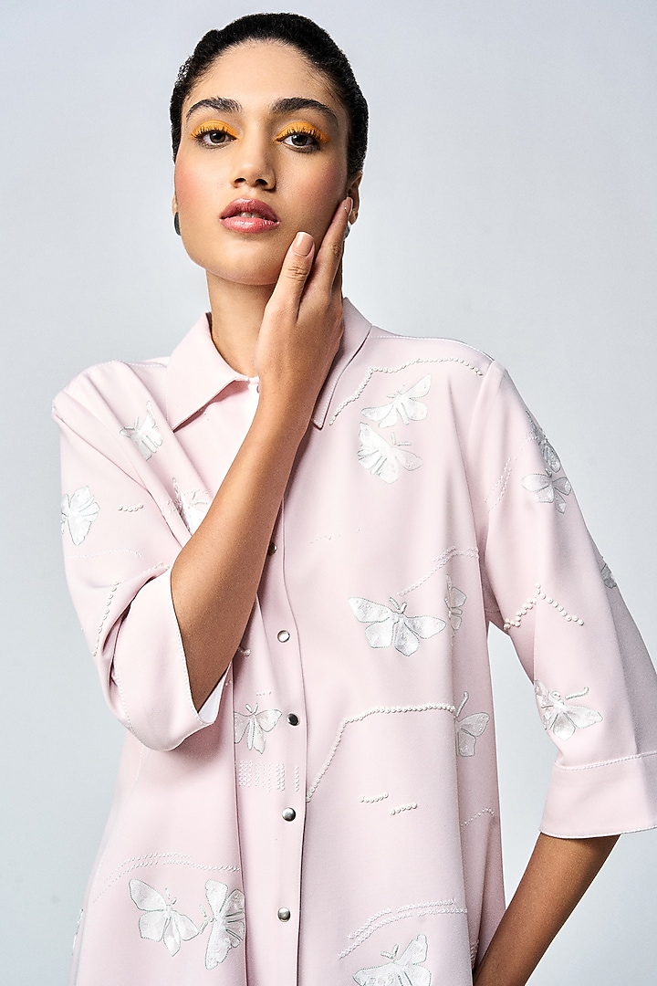 Peach Double Crepe Embellished A-Line Shirt Cocktail Dress by Shahin Mannan at Pernia's Pop Up Shop