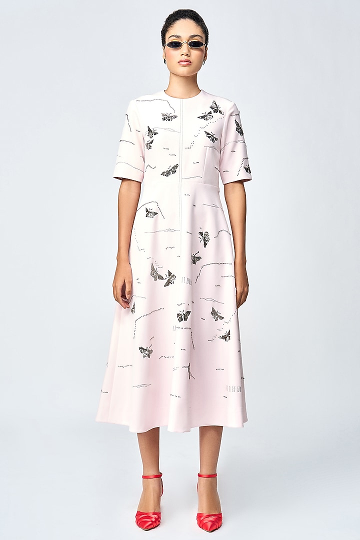 Peach Double Crepe Embellished Midi Cocktail Dress by Shahin Mannan at Pernia's Pop Up Shop