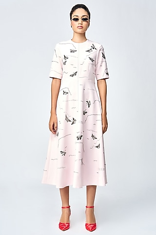 Peach Double Crepe Embellished Midi Dress by Shahin Mannan
