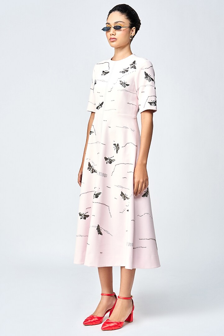 Peach Double Crepe Embellished Midi Cocktail Dress by Shahin Mannan at Pernia's Pop Up Shop