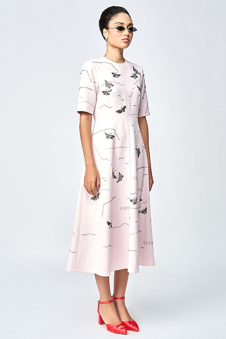 Peach Double Crepe Embellished Midi Cocktail Dress by Shahin Mannan at Pernia's Pop Up Shop