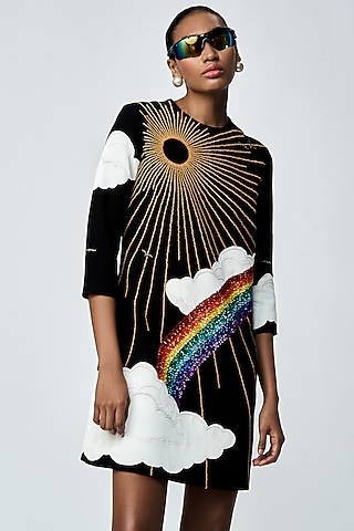 Black Japanese Crepe Mini Dress by Shahin Mannan