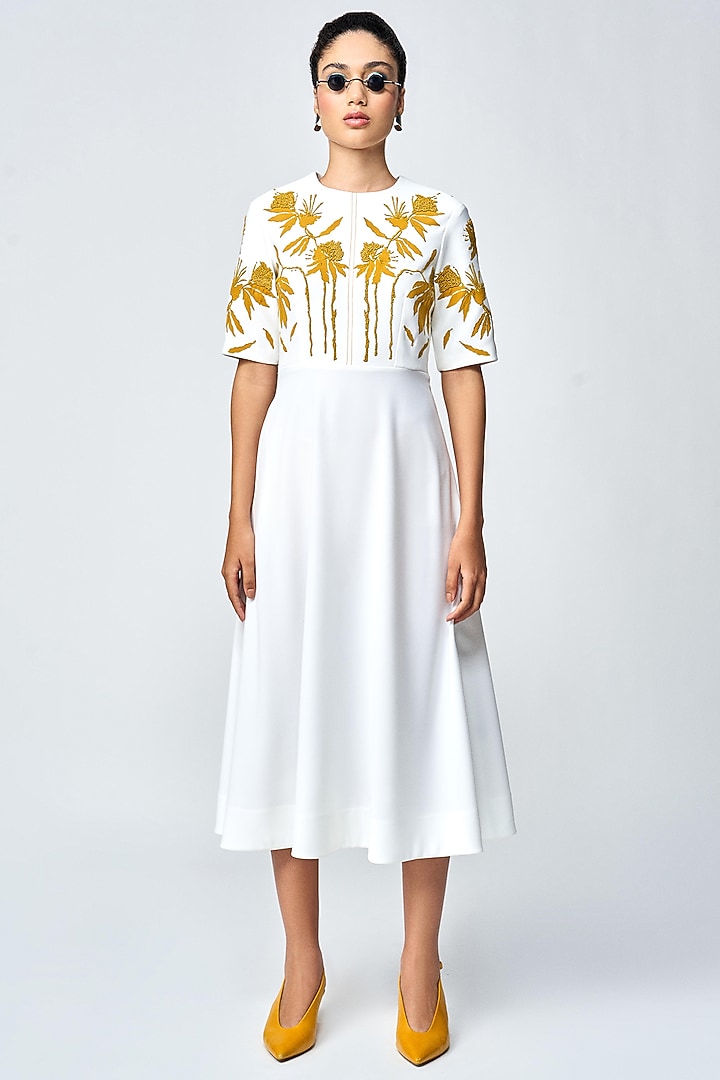 Ivory Japanese Crepe Midi Cocktail Dress by Shahin Mannan at Pernia's Pop Up Shop