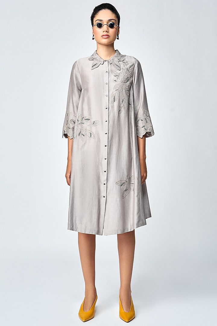 Grey Silk Chanderi Shirt Vacation Dress by Shahin Mannan at Pernia's Pop Up Shop