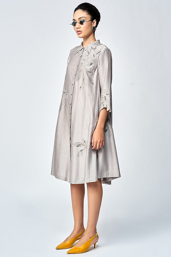 Grey Silk Chanderi Shirt Vacation Dress by Shahin Mannan at Pernia's Pop Up Shop