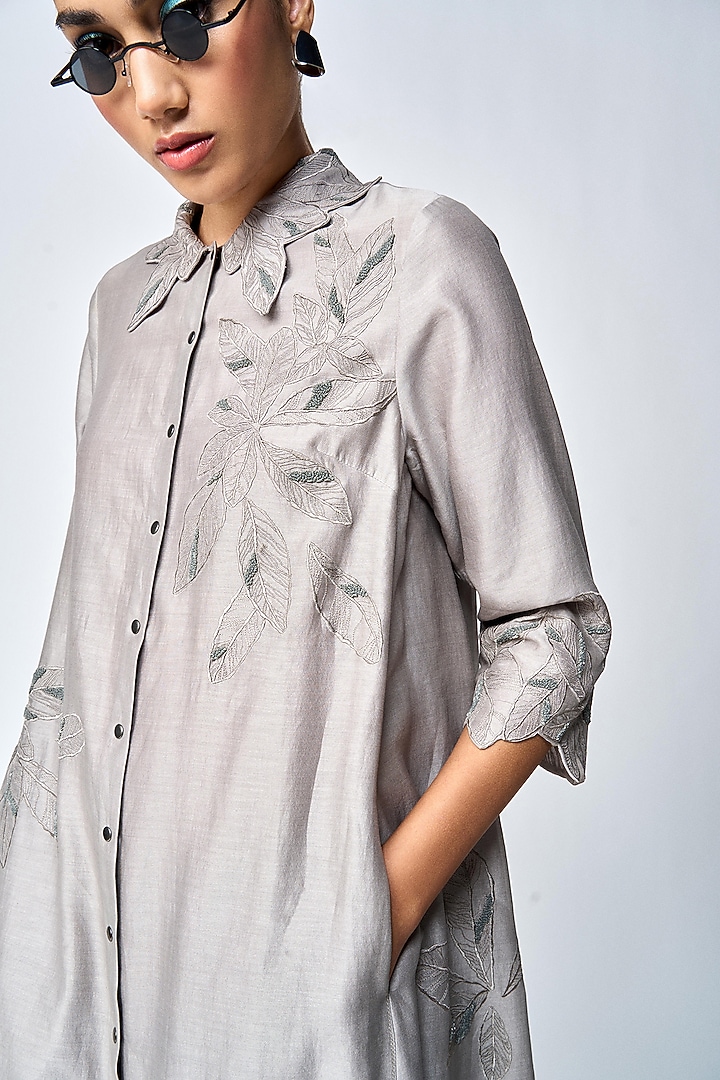 Grey Silk Chanderi Shirt Vacation Dress by Shahin Mannan at Pernia's Pop Up Shop