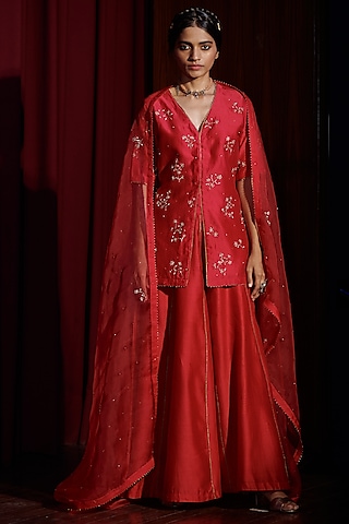 Berry Red Gold Magzi Sharara Set by Shikha Mehta