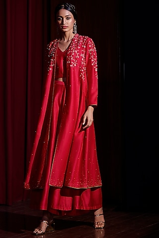 Berry Red Embroidered Jacket Set by Shikha Mehta