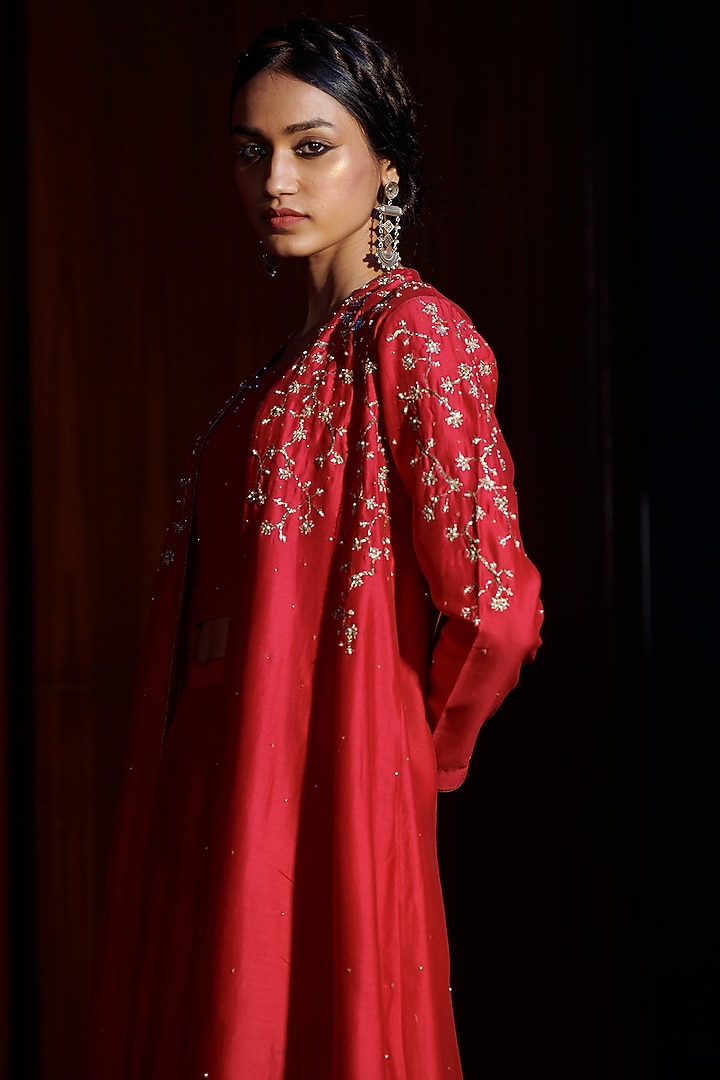 Berry Red Embroidered Jacket Set by Shikha Mehta at Pernia's Pop Up Shop