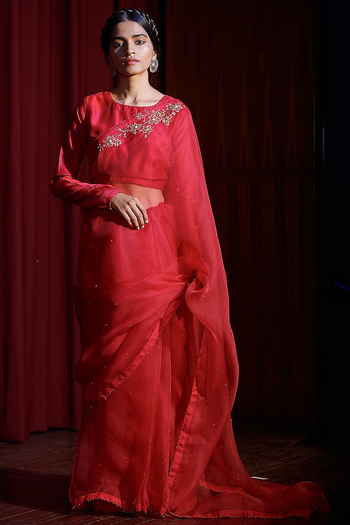 Berry Red Embroidered Saree Set by Shikha Mehta