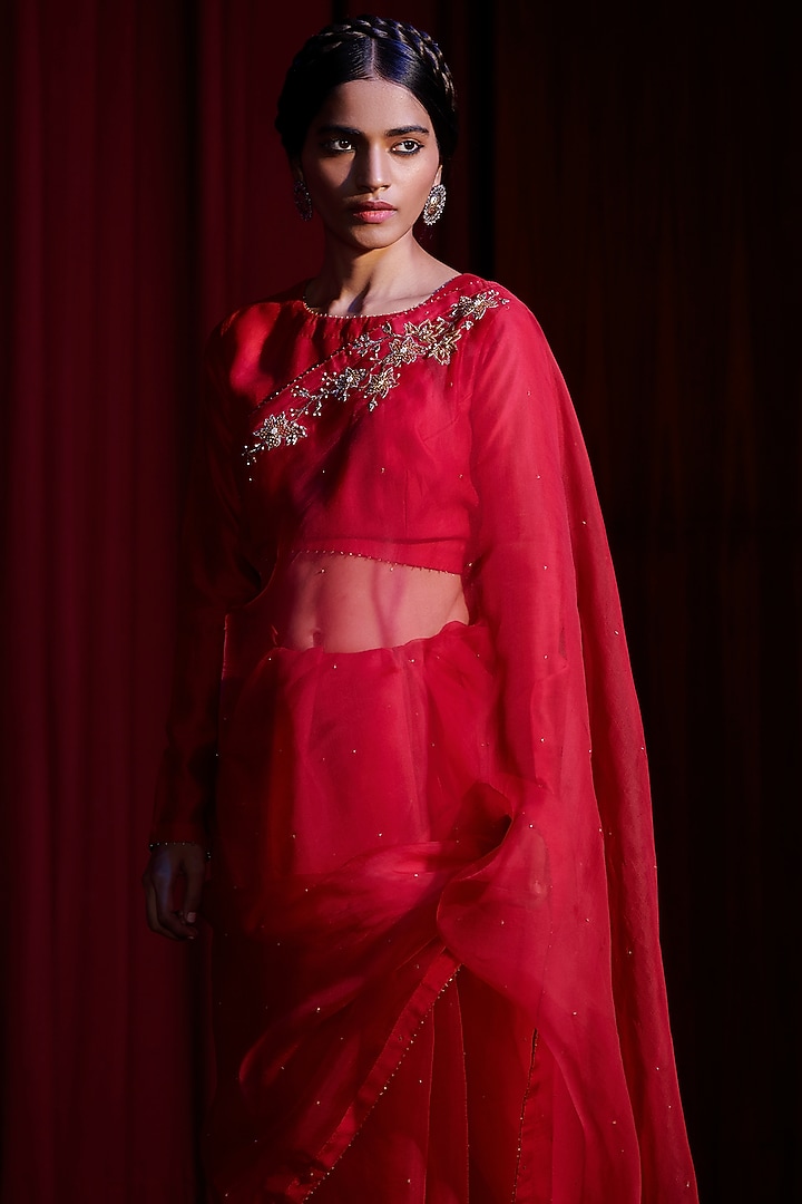 Berry Red Embroidered Party Wear Saree Set by Shikha Mehta at Pernia's Pop Up Shop
