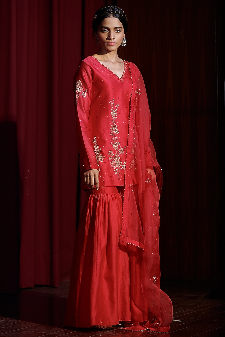 Berry Red Silk Chanderi Sharara Set by Shikha Mehta