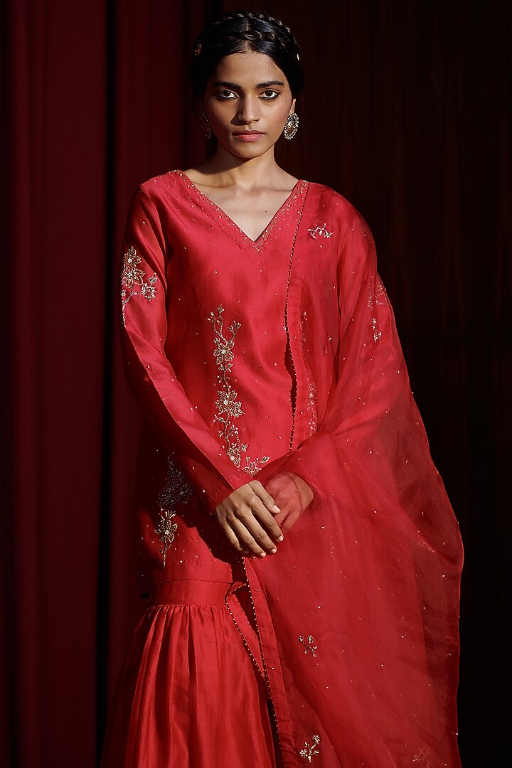 Berry Red Silk Chanderi Wedding Sharara Set by Shikha Mehta at Pernia's Pop Up Shop