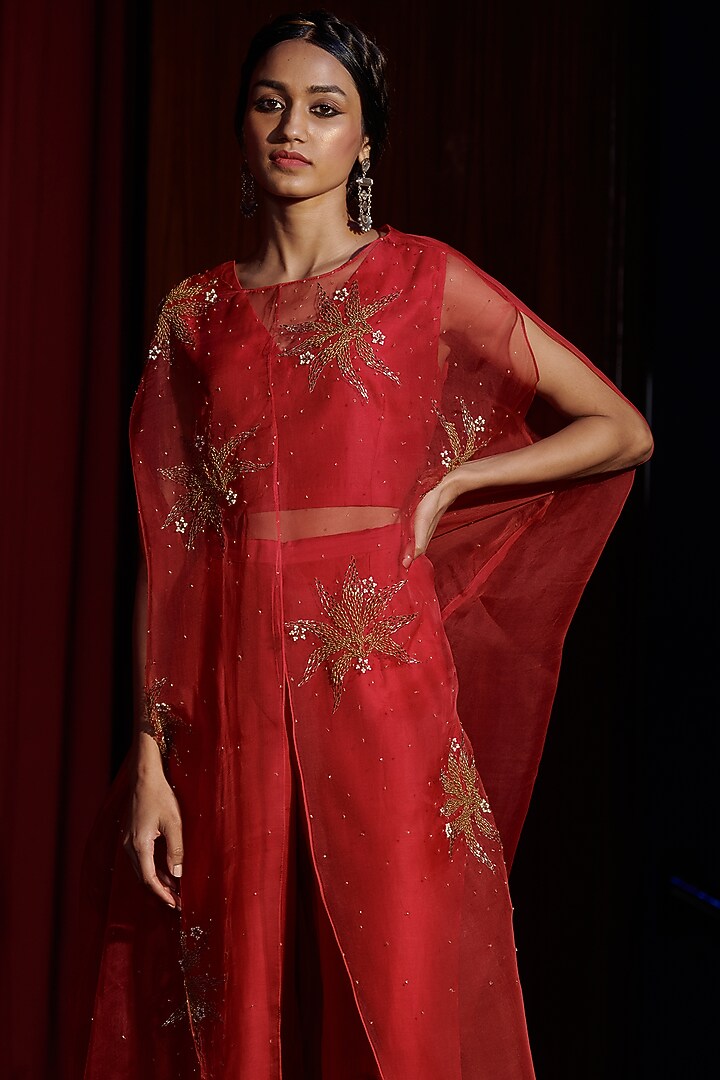 Berry Red Embroidered Cape Set by Shikha Mehta at Pernia's Pop Up Shop