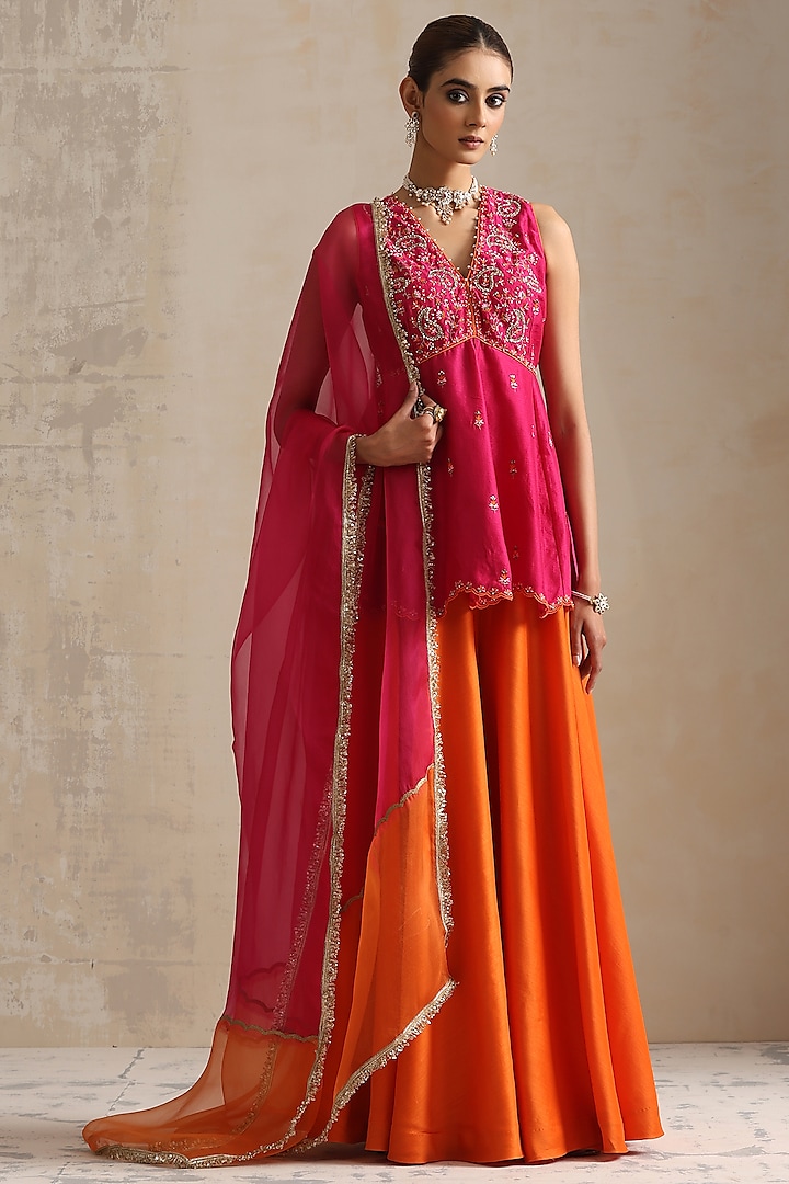 Pink Silk Chanderi Hand Embroidered Peplum Kurta Set by Shikha Mehta at Pernia's Pop Up Shop